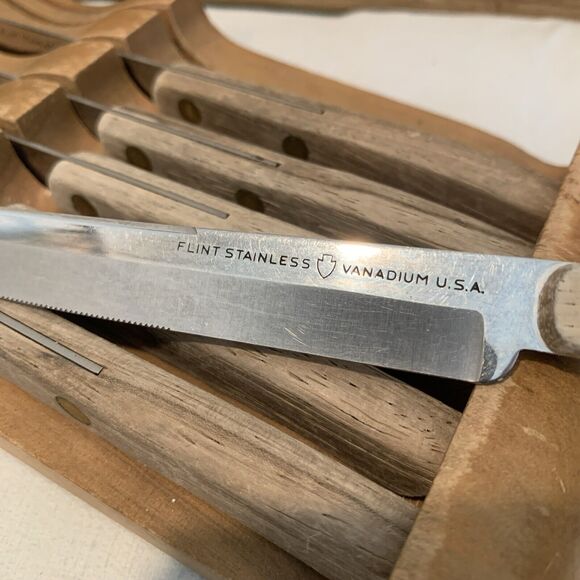 Vintage EKCO Flint Steak Knife Set of 6 Original Wood Holder Made in the USA - Picture 7 of 12